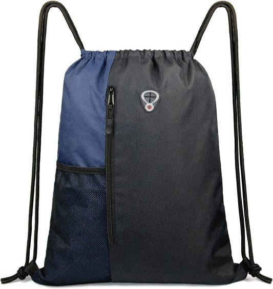 Drawstring Backpack Sports Gym Bag for Women Men Large Cinch Sackpack with 2 Zipper Pockets and Water Bottle Mesh Pockets Black Navy