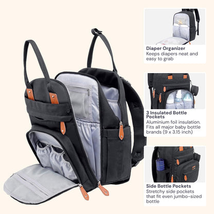 Diaper Bag Backpack - Tote - Multi Function Waterproof Diaper Bag, Travel Essentials Baby Bag with Changing Pad, Stroller Straps & Pacifier Case - Unisex, Black