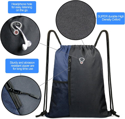Drawstring Backpack Sports Gym Bag for Women Men Large Cinch Sackpack with 2 Zipper Pockets and Water Bottle Mesh Pockets Black Navy