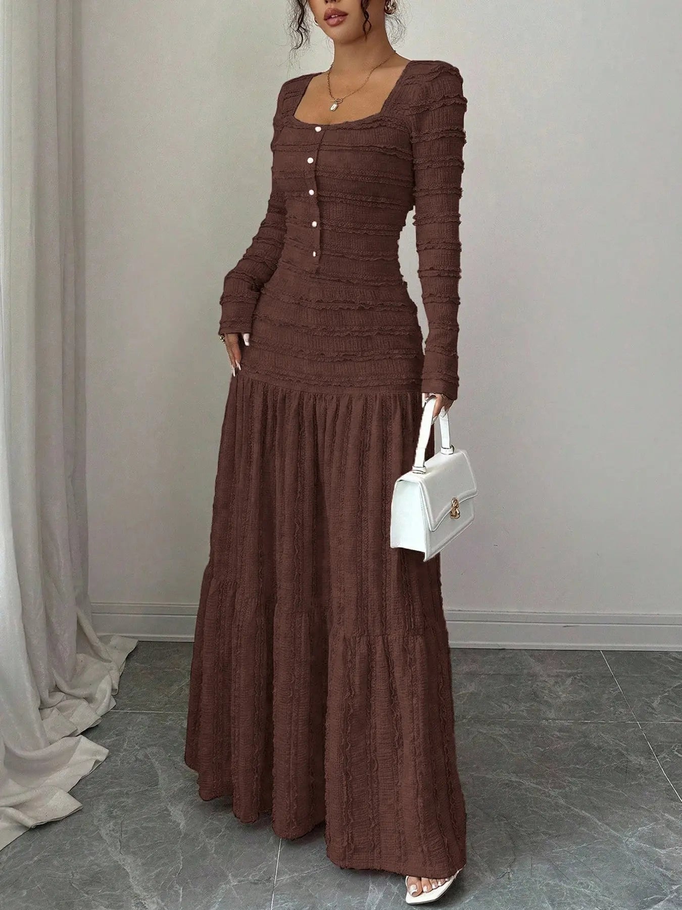 Women'S Casual Elegant Party Sweet Cute Long Sleeve Square Neck Dress, Womenswear Stylish Ladies' Formal Evening Wear Elegant Gown, Perfect for Special Occasions Valentine'S Day, Sweet and Cute