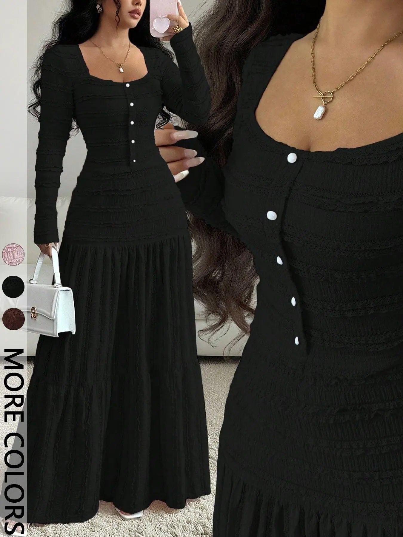 Women'S Casual Elegant Party Sweet Cute Long Sleeve Square Neck Dress, Womenswear Stylish Ladies' Formal Evening Wear Elegant Gown, Perfect for Special Occasions Valentine'S Day, Sweet and Cute