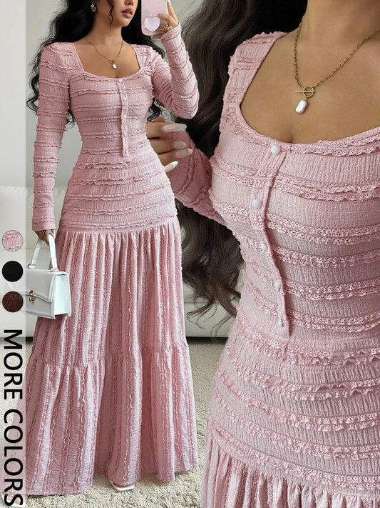 Women'S Casual Elegant Party Sweet Cute Long Sleeve Square Neck Dress, Womenswear Stylish Ladies' Formal Evening Wear Elegant Gown, Perfect for Special Occasions Valentine'S Day, Sweet and Cute
