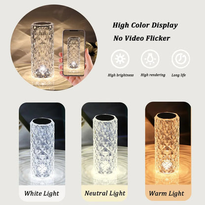 Crystal Rose Lamp Rgb Light Touch Rechargeable Bar for Bedroom Decorative Remote Control Table Dimmable Cordless Portable Luxury