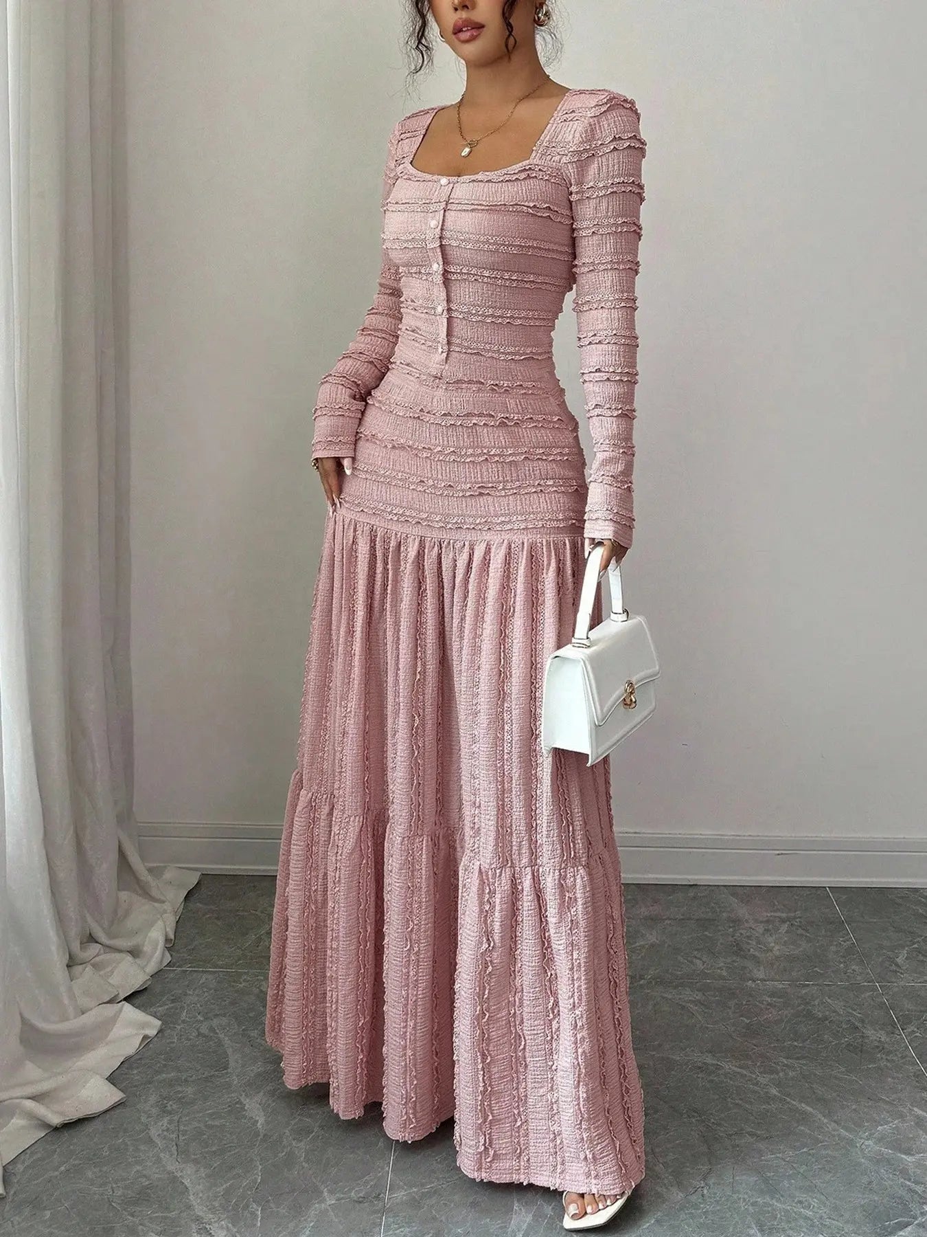 Women'S Casual Elegant Party Sweet Cute Long Sleeve Square Neck Dress, Womenswear Stylish Ladies' Formal Evening Wear Elegant Gown, Perfect for Special Occasions Valentine'S Day, Sweet and Cute
