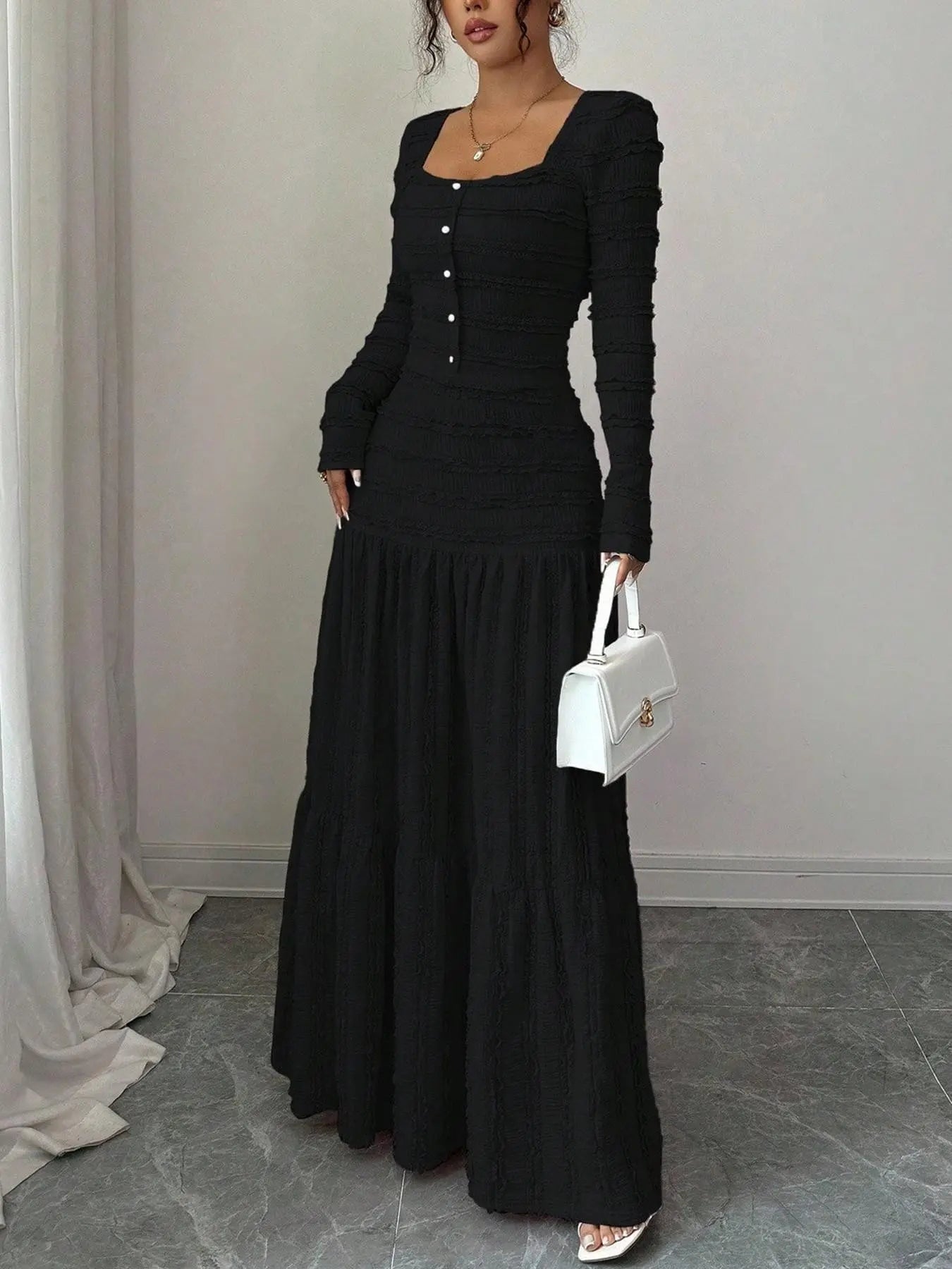 Women'S Casual Elegant Party Sweet Cute Long Sleeve Square Neck Dress, Womenswear Stylish Ladies' Formal Evening Wear Elegant Gown, Perfect for Special Occasions Valentine'S Day, Sweet and Cute
